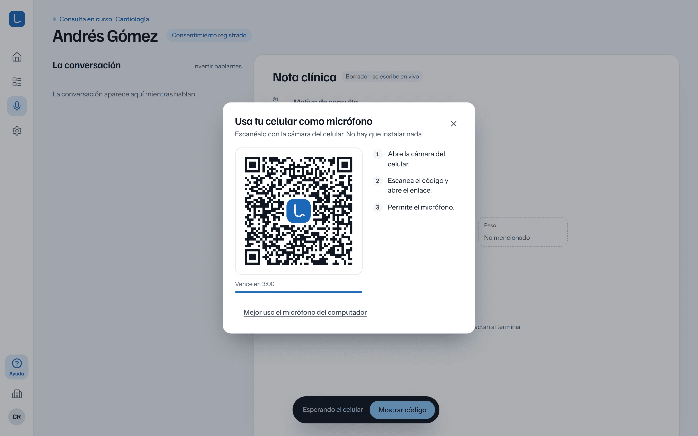 Ventana de la app con el código QR para usar el celular como micrófono.