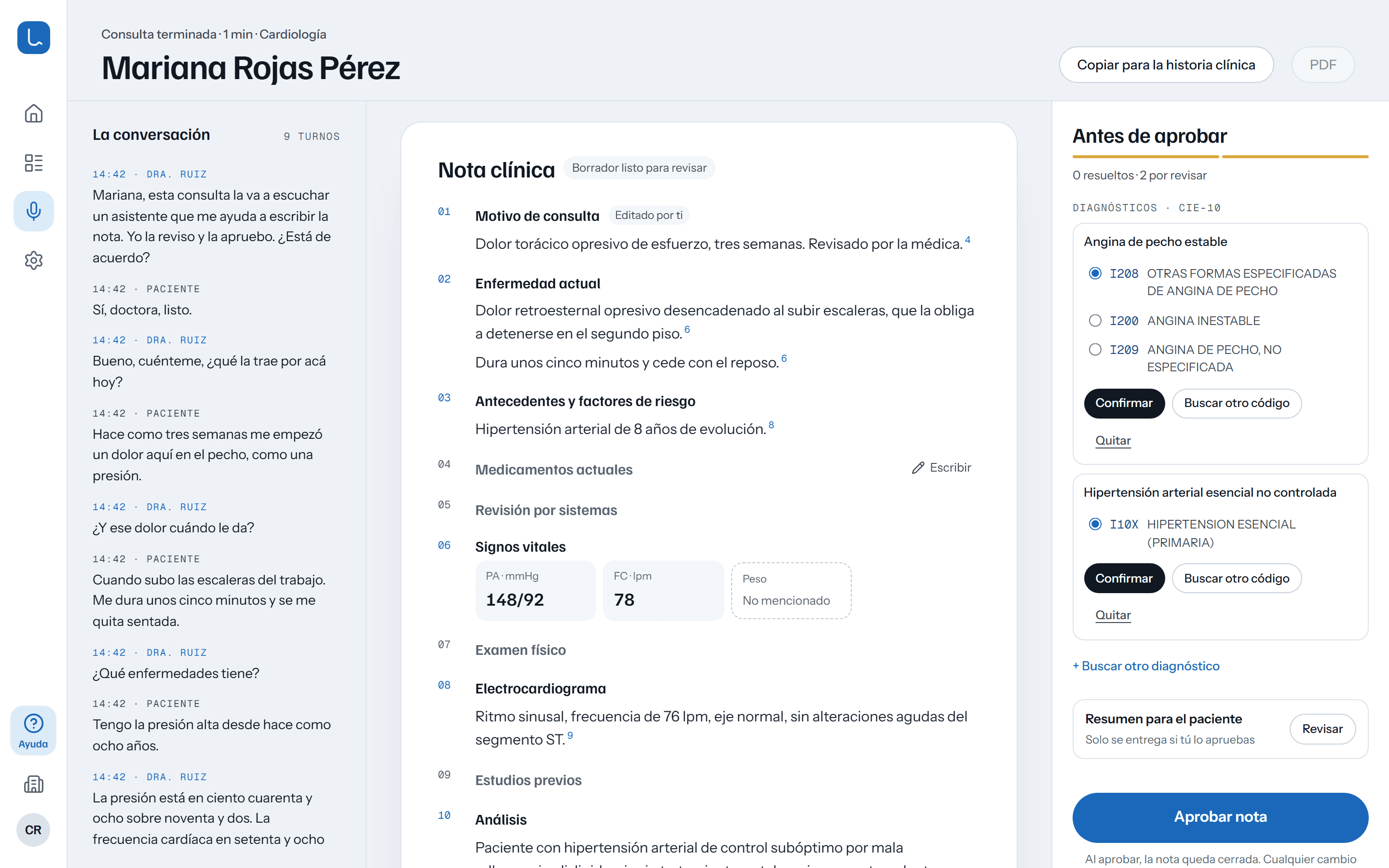 Revisión de la nota con los pendientes antes de aprobar y el botón Aprobar nota.